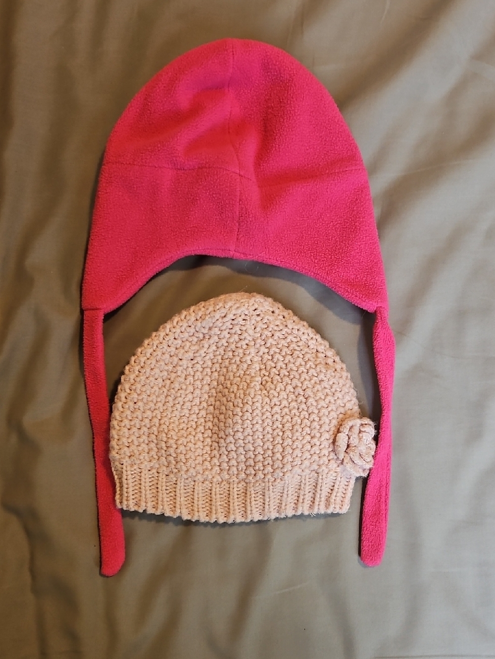 Bundle Of Pink Fleece Earflap Hat And Knit Beanie Set